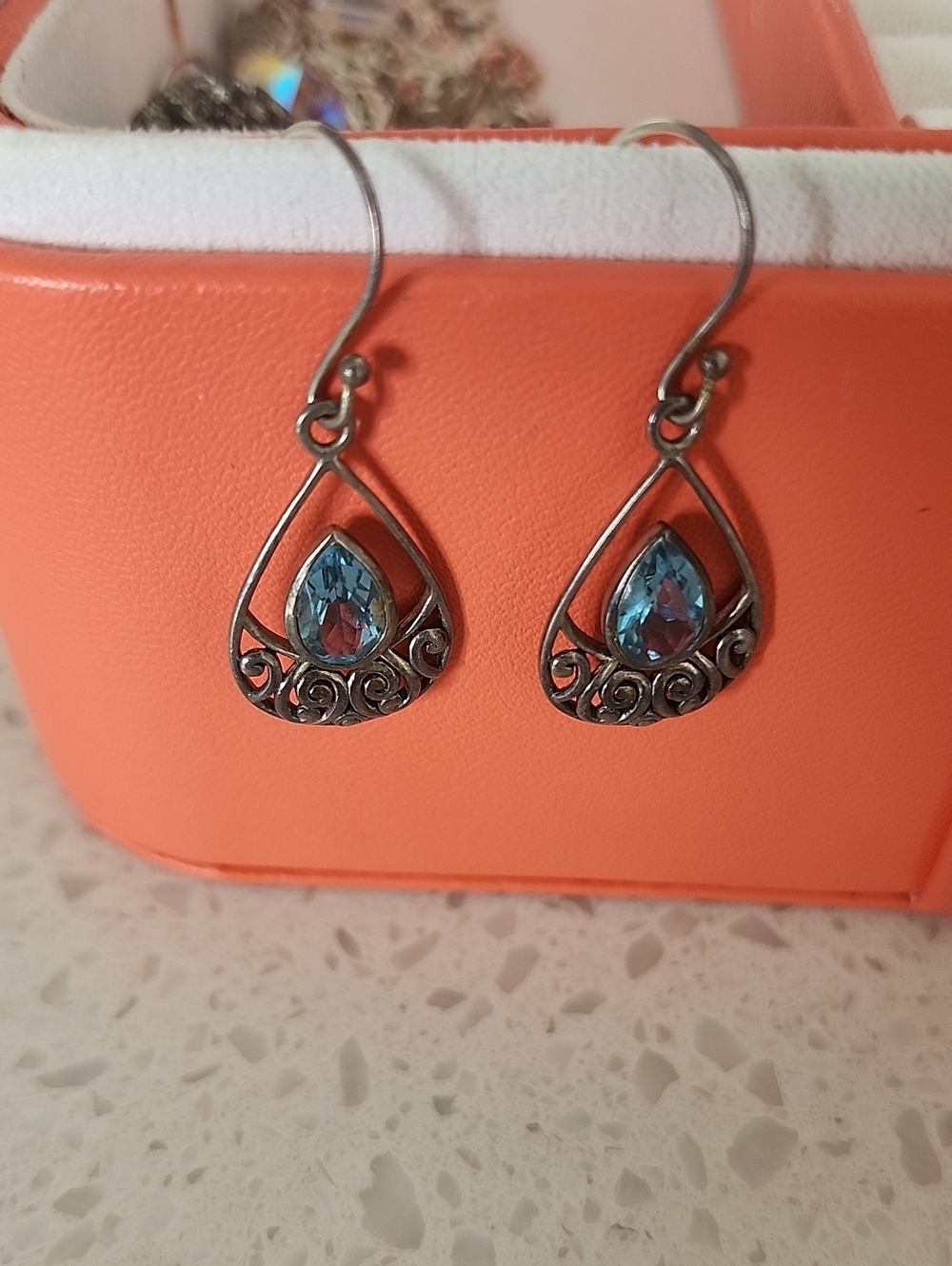 Blue Teardrop Crystal Silver Filigree Drop Earrings